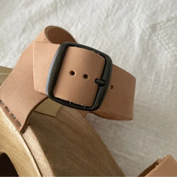 No. 6 Tan Leather Mules with Wooden Platform, Size 39 - Picture 12 of 15